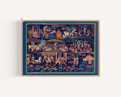 Indian mythology painting of Lord Krishna's life journey from Mathura to Dwaraka in a vibrant continuous narrative composition.