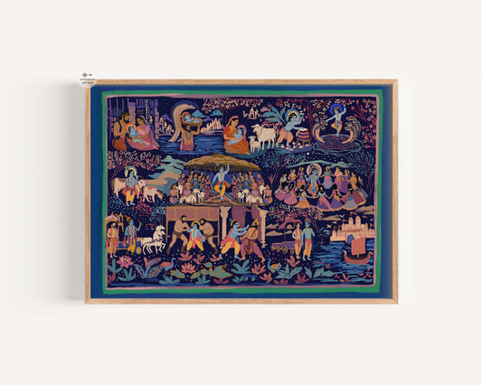 Indian mythology painting of Lord Krishna's life journey from Mathura to Dwaraka in a vibrant continuous narrative composition.