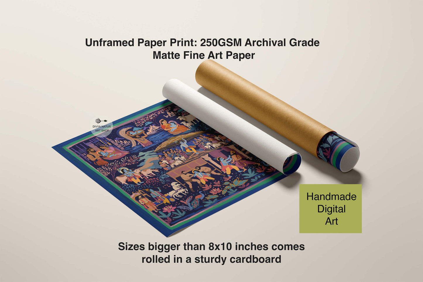 Hindu spiritual artwork depicting the complete life story of Lord Krishna with traditional Indian decorative illustration.