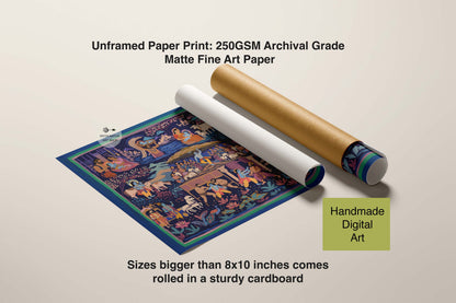 Hindu spiritual artwork depicting the complete life story of Lord Krishna with traditional Indian decorative illustration.