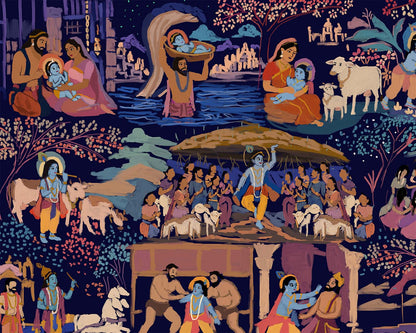 Krishna mythology canvas print featuring iconic scenes from his childhood, divine miracles, and journey to Dwaraka.