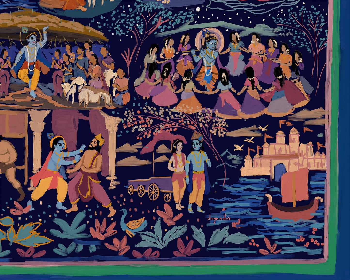 Traditional Indian folk-inspired Lord Krishna painting with scenes of Yashoda, Kaliya serpent, cows, Gopis, and Dwaraka.