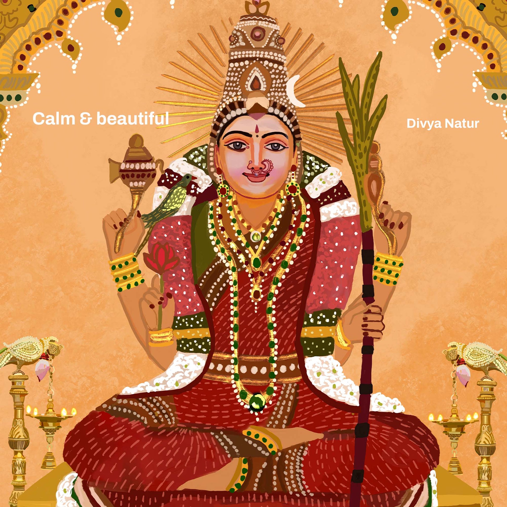 Indian spiritual wall art featuring Lalitha Devi seated with traditional temple symbolism