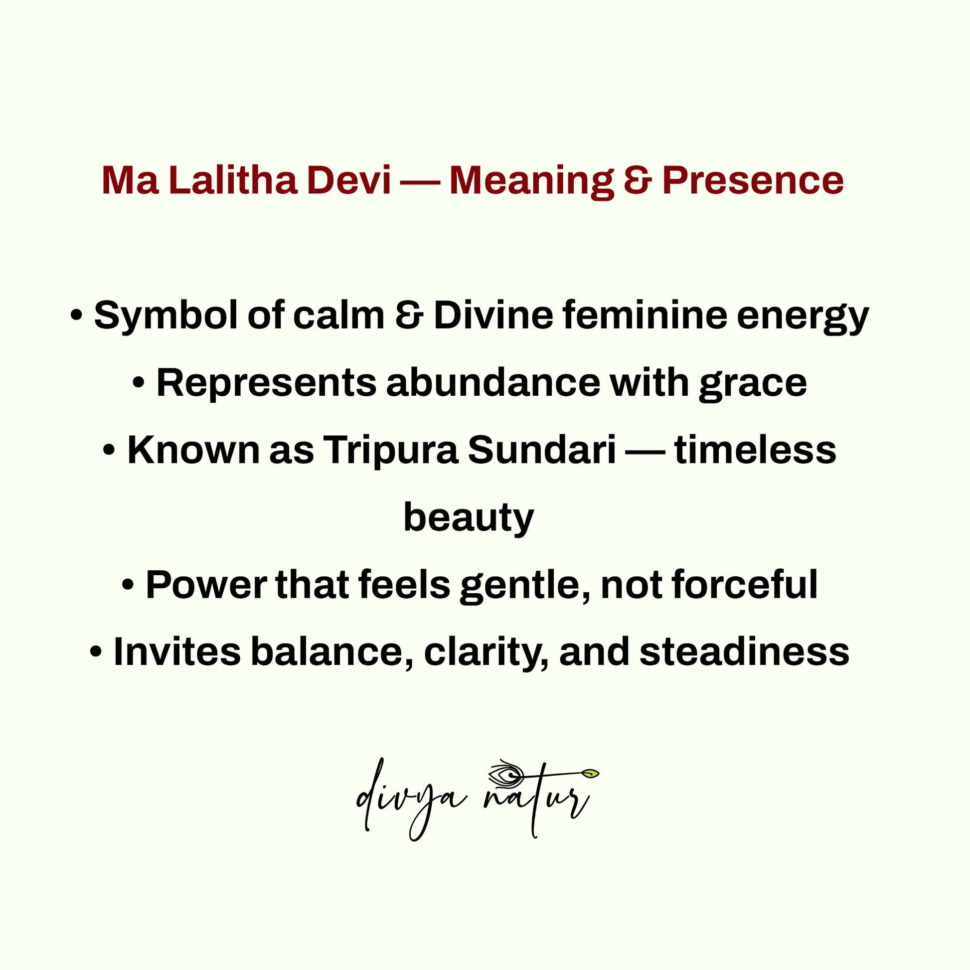Text describing the meaning and presence of Ma Lalitha Devi, a symbol of calm and divine feminine energy.