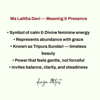 Text describing the meaning and presence of Ma Lalitha Devi, a symbol of calm and divine feminine energy.