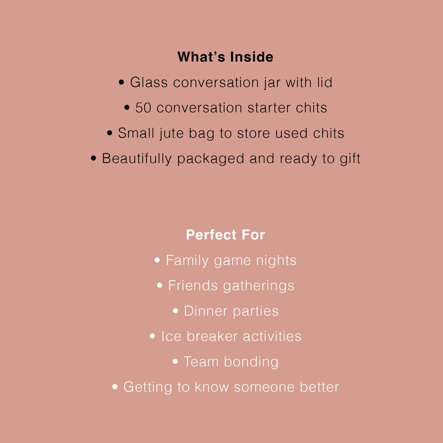 Product description card with text on a pink background