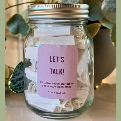 Lets talk conversation jar filled with fun prompts designed to start meaningful conversations