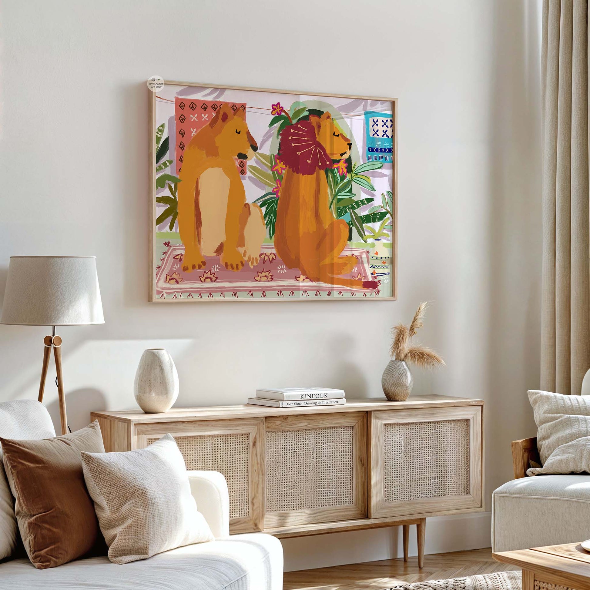Humorous lion couple illustration symbolizing love, disagreement, and togetherness in one scene
