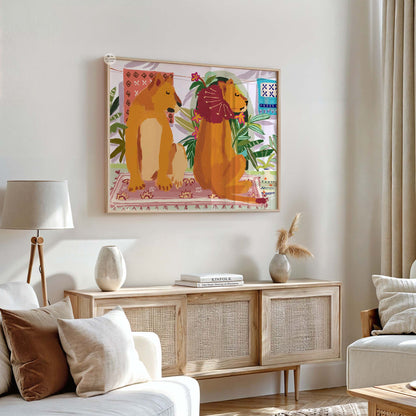 Humorous lion couple illustration symbolizing love, disagreement, and togetherness in one scene