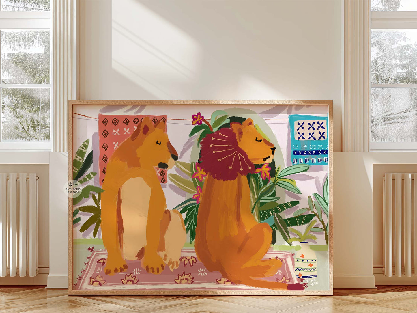 Wildlife wall art of lion and lioness in folk-inspired jungle setting with decorative boho rugs