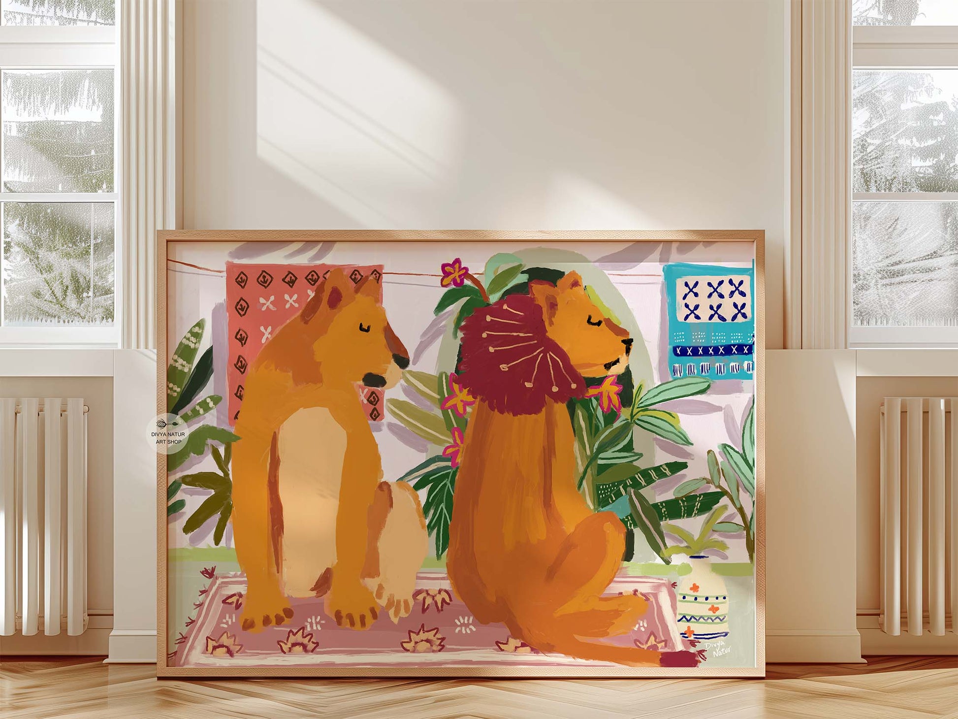 Wildlife wall art of lion and lioness in folk-inspired jungle setting with decorative boho rugs
