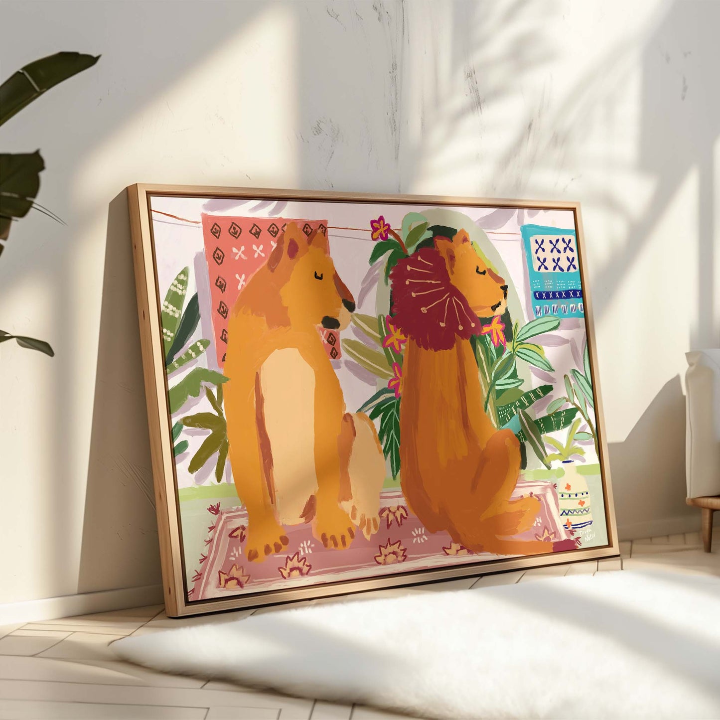 Playful animal couple print featuring lion pair in quiet, back-to-back pose, symbolic fine art