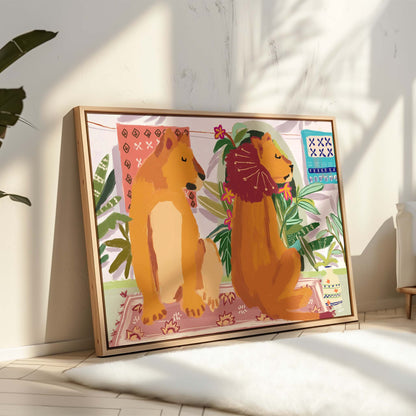 Playful animal couple print featuring lion pair in quiet, back-to-back pose, symbolic fine art