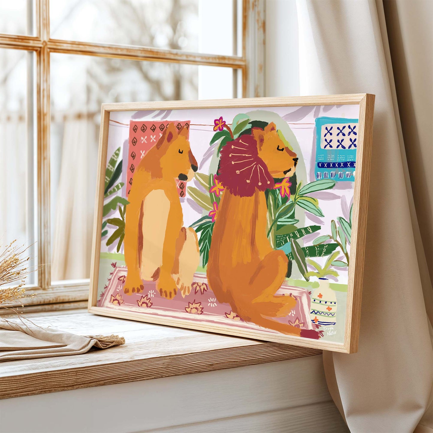 Lion couple artwork blending humor and symbolism, modern wildlife print with warm earthy tones