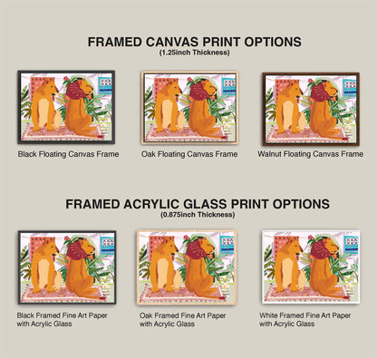 Comparison of framed canvas and acrylic glass print options on a gray background