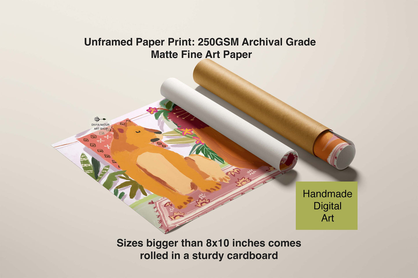 Unframed paper print with a roll of matte fine art paper on a beige background