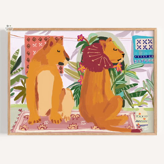 Lion and lioness sitting back-to-back, whimsical fine art wildlife print with playful symbolism