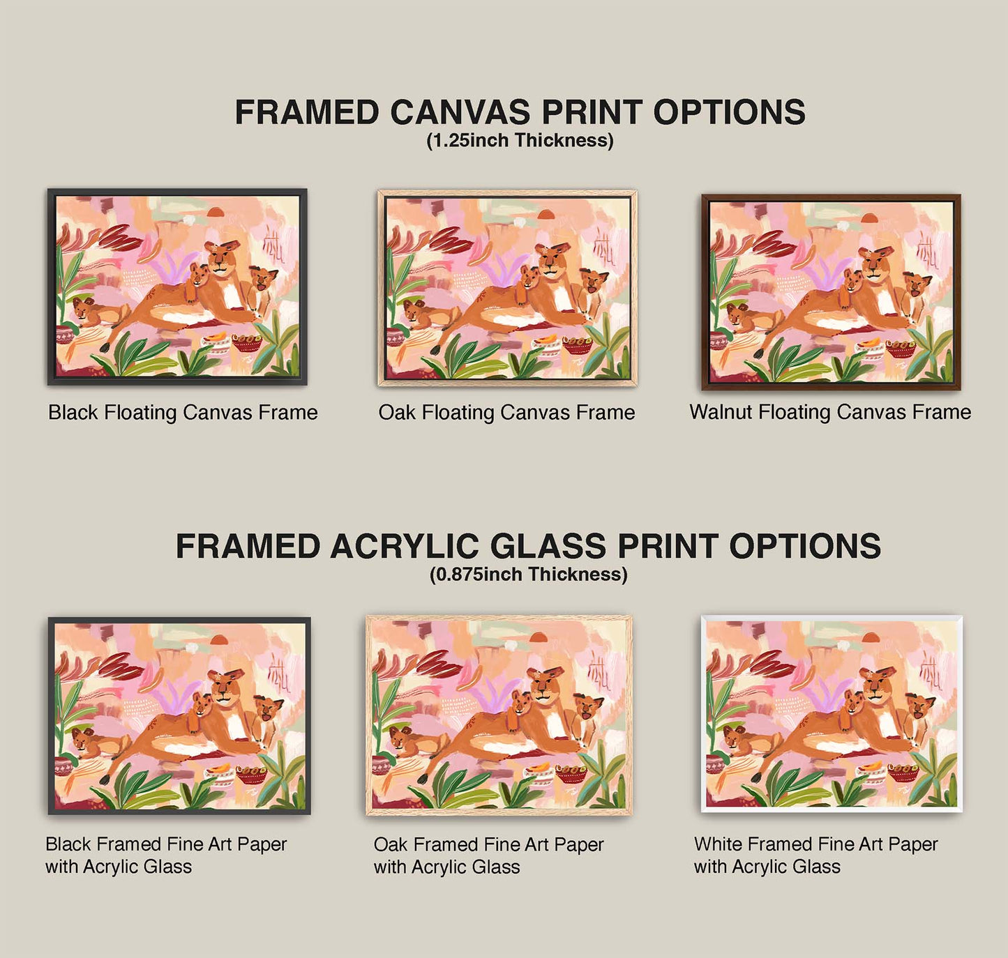 Comparison of framed canvas and acrylic glass print options with different frames on a gray background.