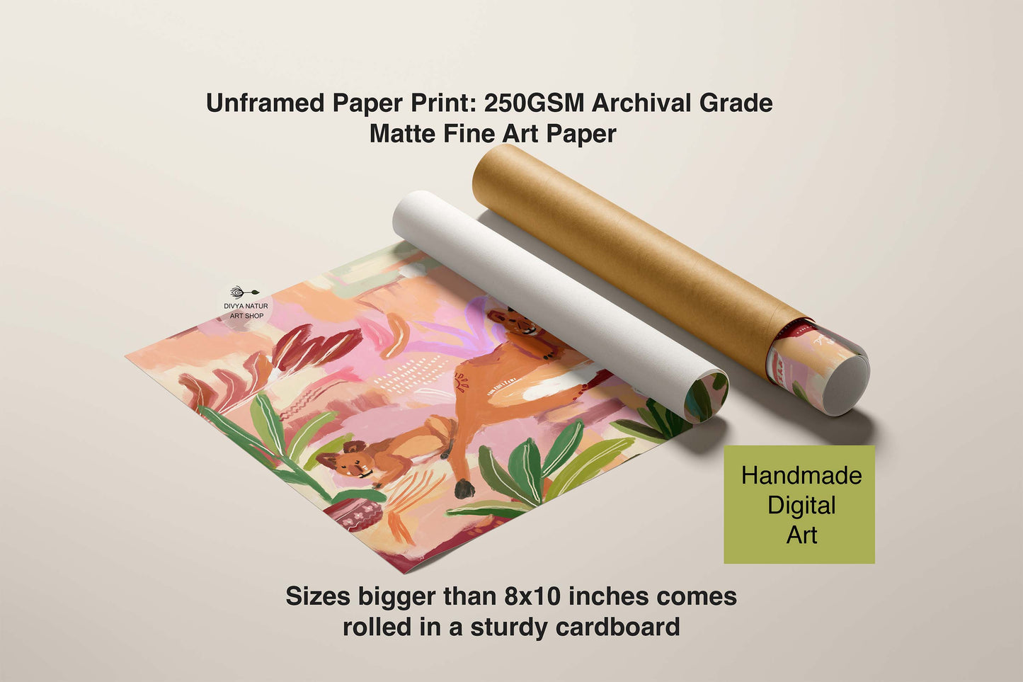 Unframed paper print with floral design, rolled in cardboard on a beige background