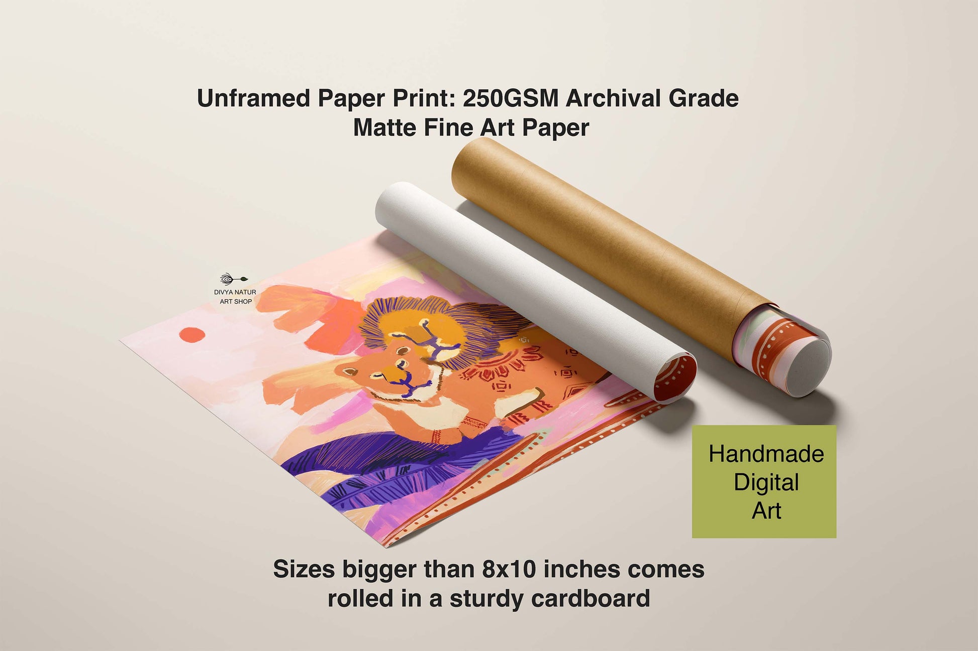 Unframed paper print with a lion illustration and a roll of matte fine art paper on a light beige background.