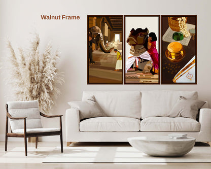 Indian Fine Art Prints triptych framed art with Walnut Frame