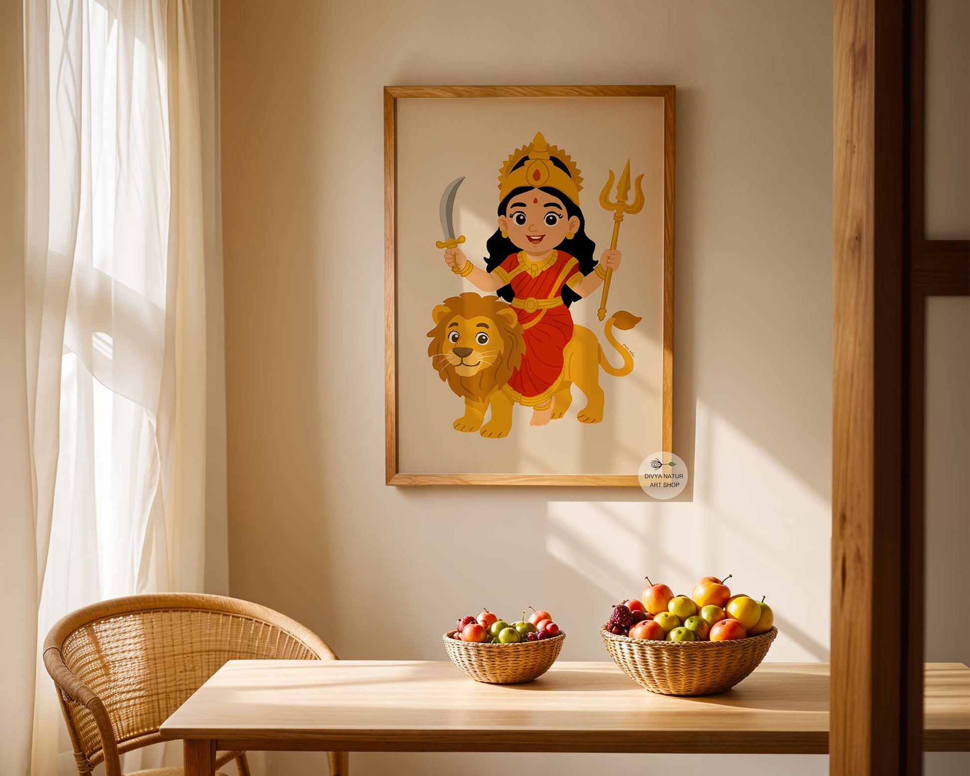 Hindu goddess Durga Devi cute illustration for nursery, kids room, and festive home decor.
