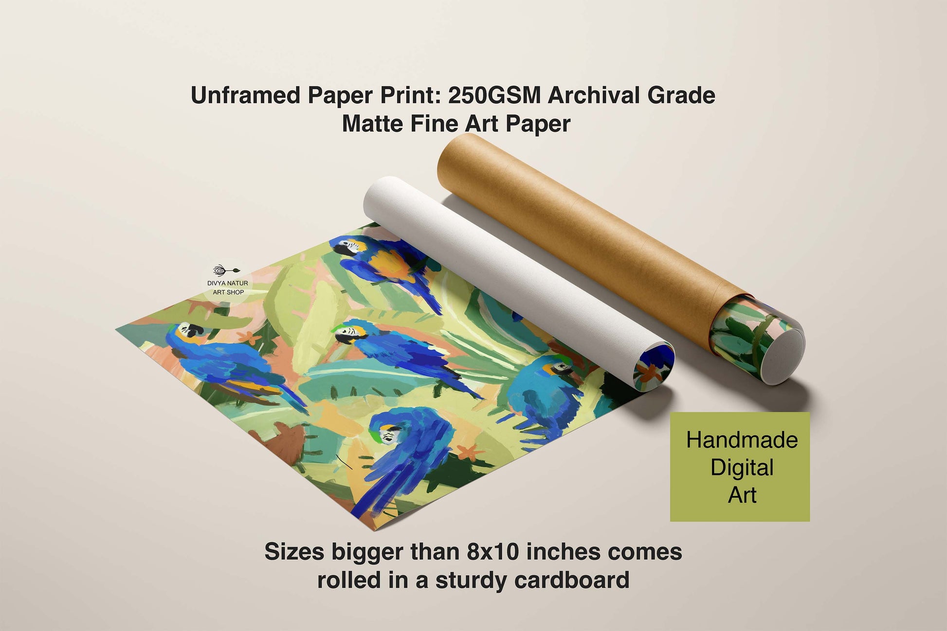 Unframed paper print with parrot design and roll of paper on a beige background