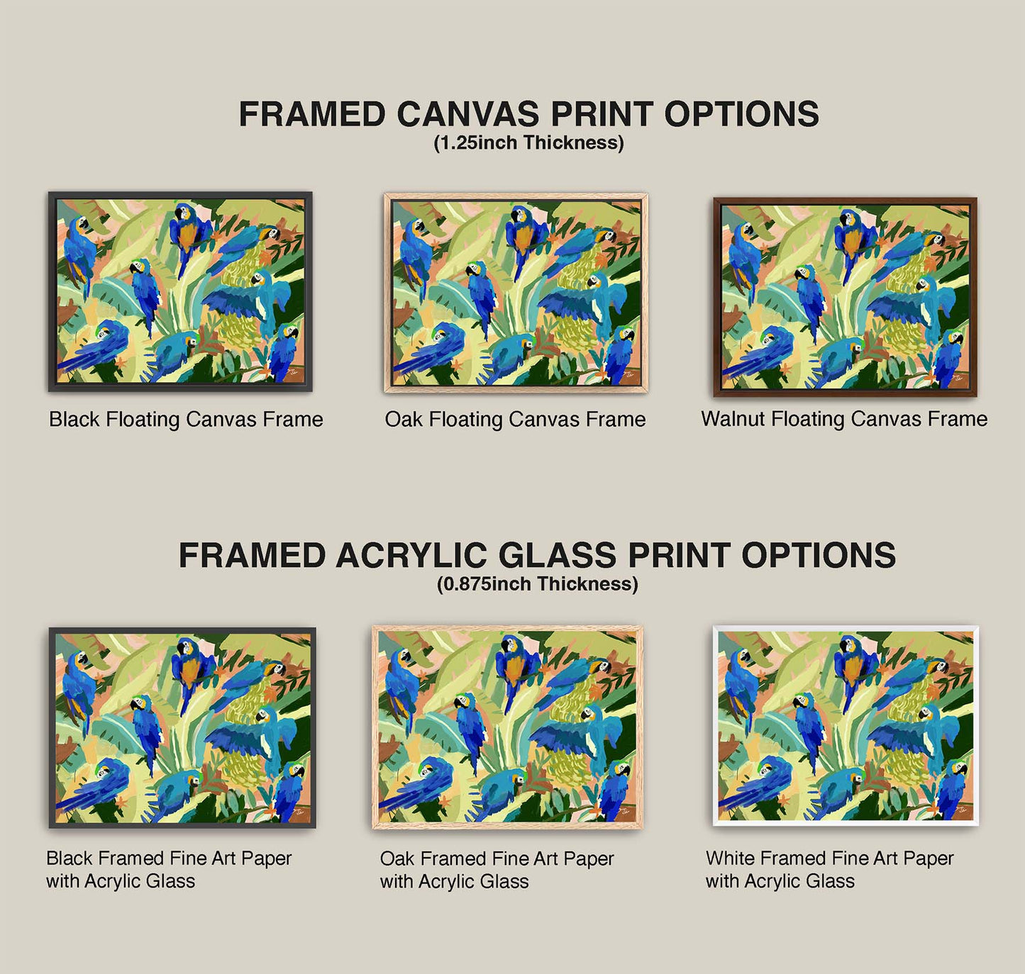 Comparison of framed canvas and acrylic glass print options with colorful parrot designs.