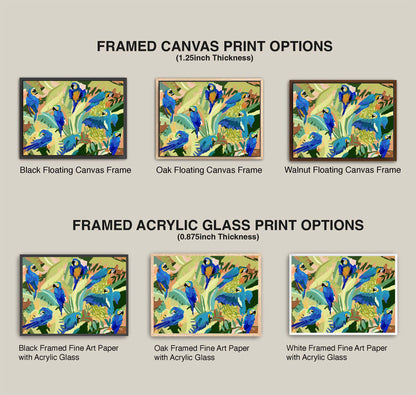 Comparison of framed canvas and acrylic glass print options with colorful parrot designs.