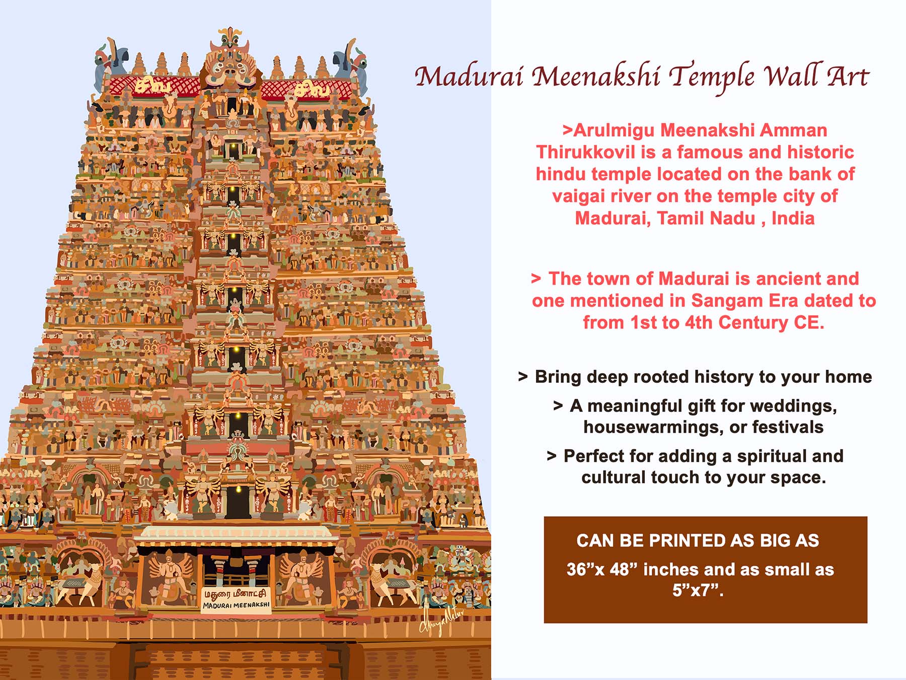 Madurai Meenakshi Temple wall art with temple image and descriptive text on a light blue background.