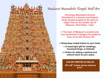 Madurai Meenakshi Temple wall art with temple image and descriptive text on a light blue background.