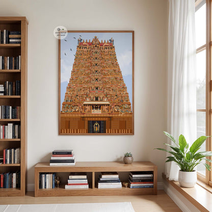 Hand-illustrated Madurai Meenakshi Temple wall art showing the detailed gopuram and Meenakshi Amma in the sanctum, perfect for South Indian heritage decor.