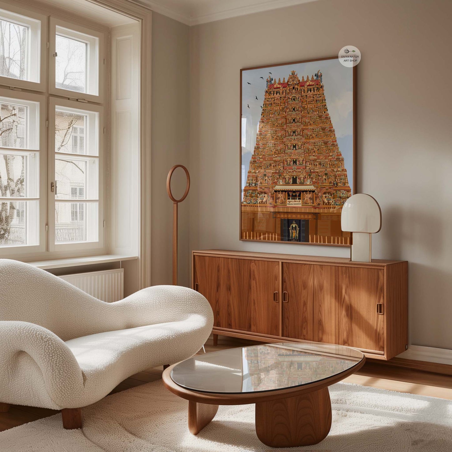 Illustration of the Madurai Meenakshi Amman Temple with intricate carvings and divine depiction of Meenakshi Amma, ideal for cultural wall art displays.