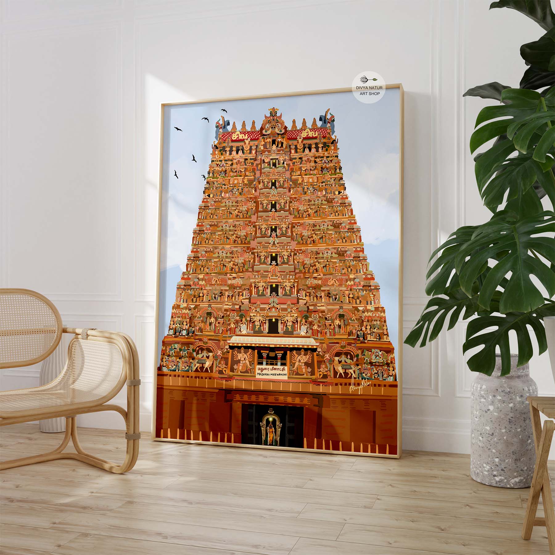 South Indian temple illustration capturing the beauty of Madurai Meenakshi Temple and its sanctum deity in a detailed, vibrant fine art print.