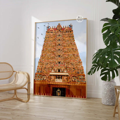 South Indian temple illustration capturing the beauty of Madurai Meenakshi Temple and its sanctum deity in a detailed, vibrant fine art print.