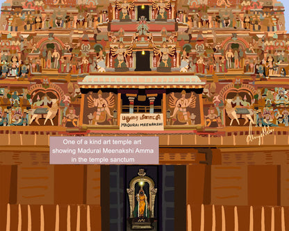 Detailed South Indian temple artwork featuring the towering Madurai Meenakshi gopuram and sanctum deity, suitable for home or prayer room decor.