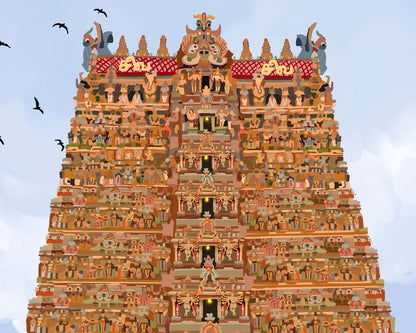 Fine art print of Madurai Meenakshi Temple with rich colors and architectural details, highlighting Meenakshi Amma inside the sanctum.