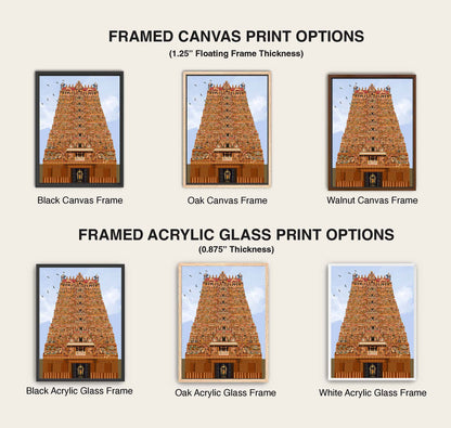 Cultural heritage illustration of Meenakshi Amman Temple in Madurai, showcasing the gopuram sculptures and inner sanctum deity for spiritual decor.