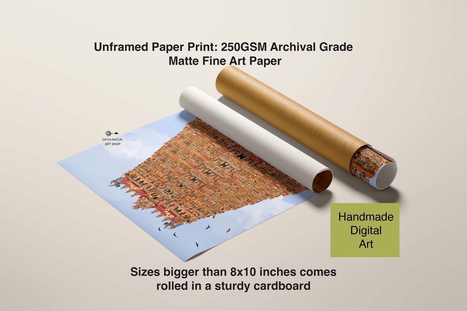 Premium temple wall art featuring Madurai Meenakshi Temple’s ornate gopuram and divine Meenakshi Amma, ideal for traditional Indian home interiors.