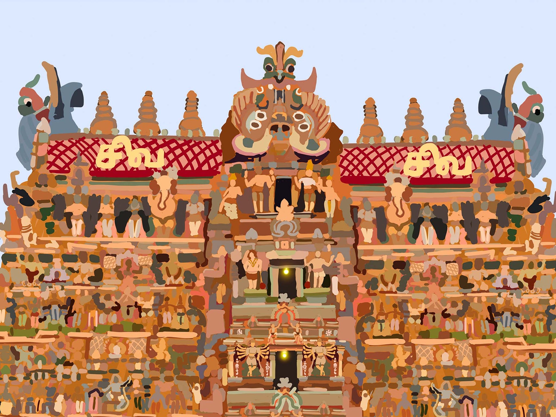Illustration of Madurai temple with intricate details and people around it.