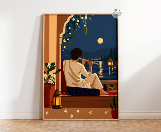 Indian painting and art print of a flute player sitting beside moonlit water in traditional Indian clothing