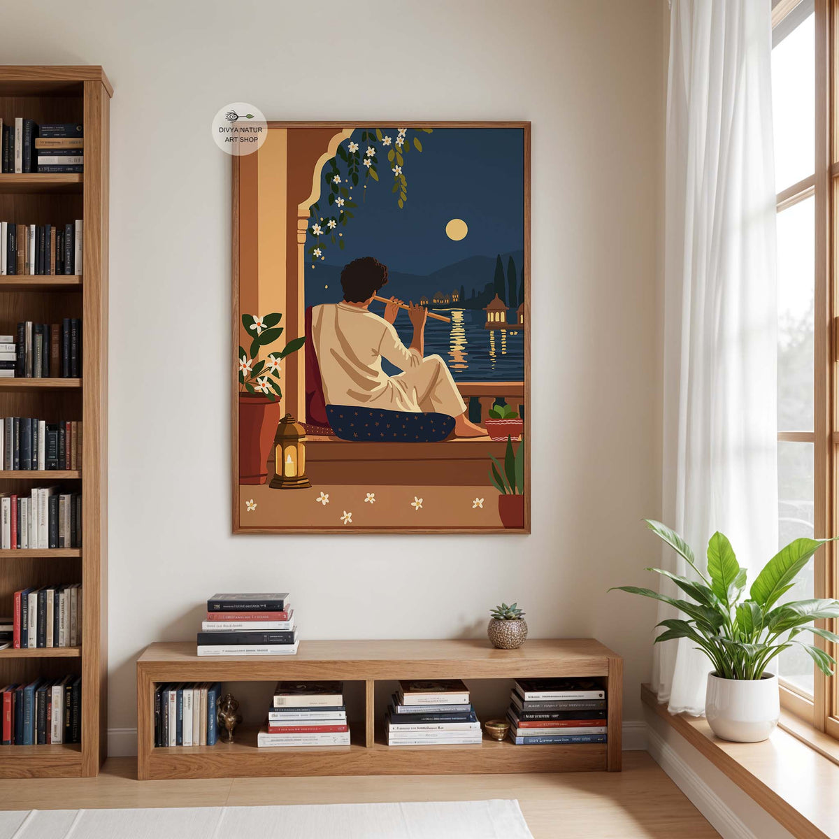 Indian wall art featuring a musician playing flute under the full moon with traditional Indian architecture