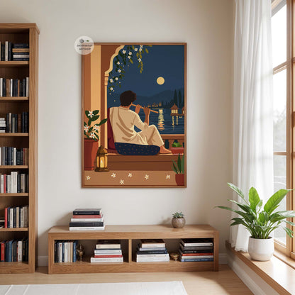 Indian wall art featuring a musician playing flute under the full moon with traditional Indian architecture