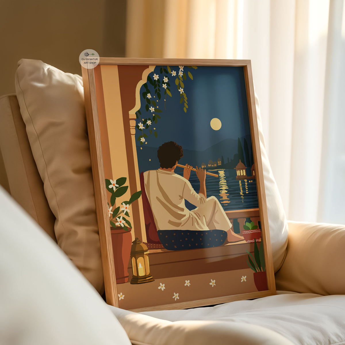 Indian home decor art print with flute player, jasmine flowers, lanterns and traditional architecture