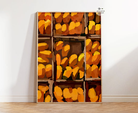 Hand illustrated mango market fine art print featuring ripe tropical mangoes in wooden crates