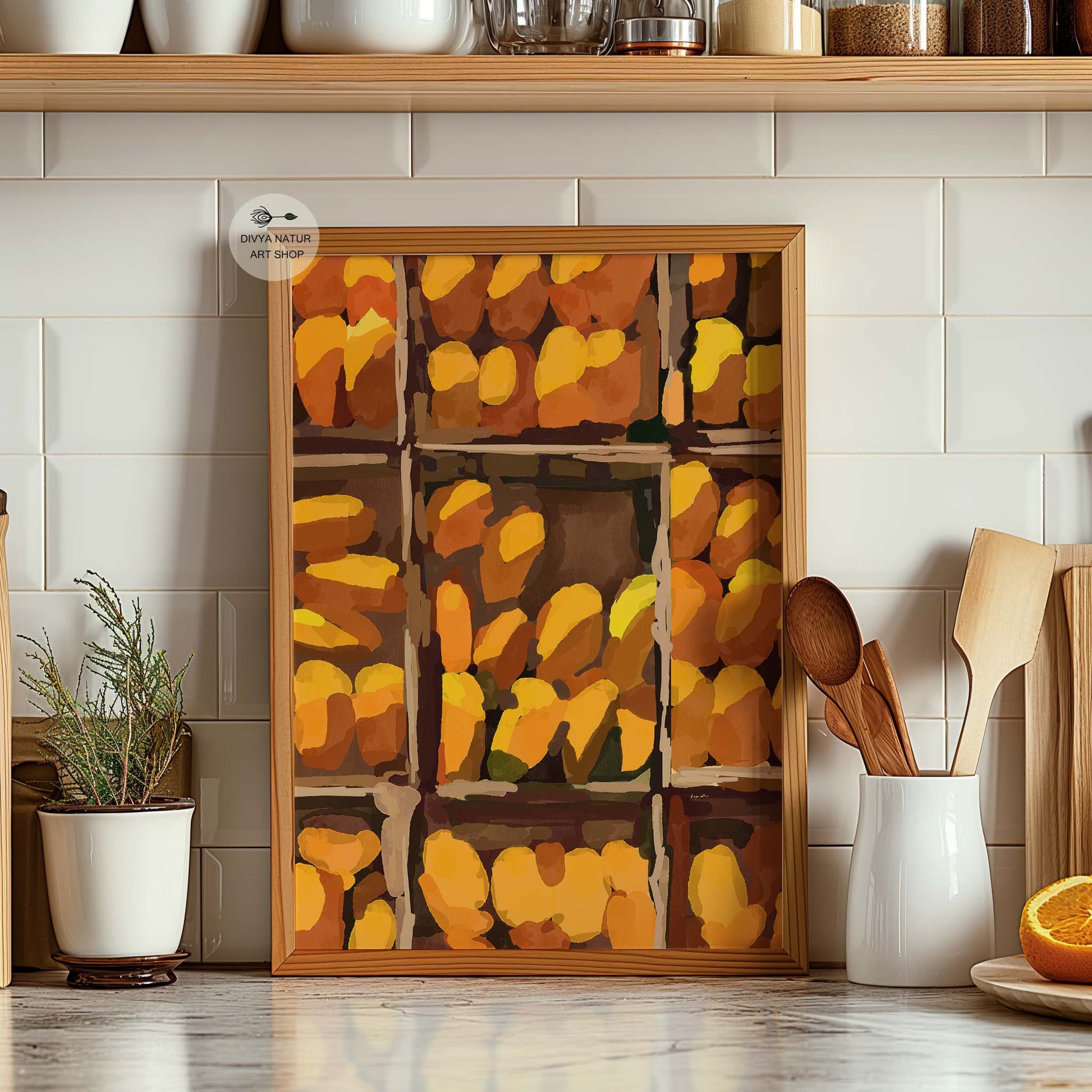 Boho tropical mango wall decor featuring rustic fruit crate illustration composition