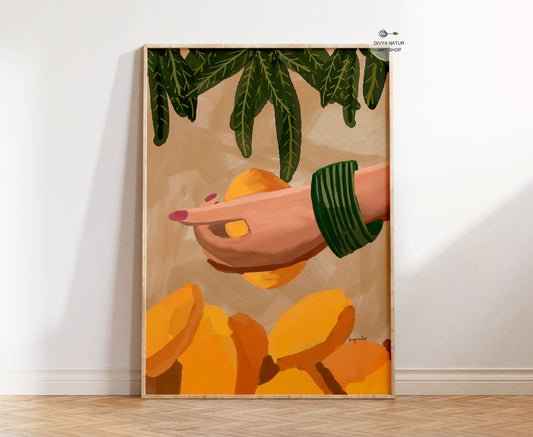 Hand illustrated Indian mango fine art print featuring feminine hand and tropical mango leaves