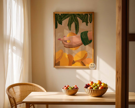 South Indian inspired mango wall artwork with warm earthy tones and green bangles