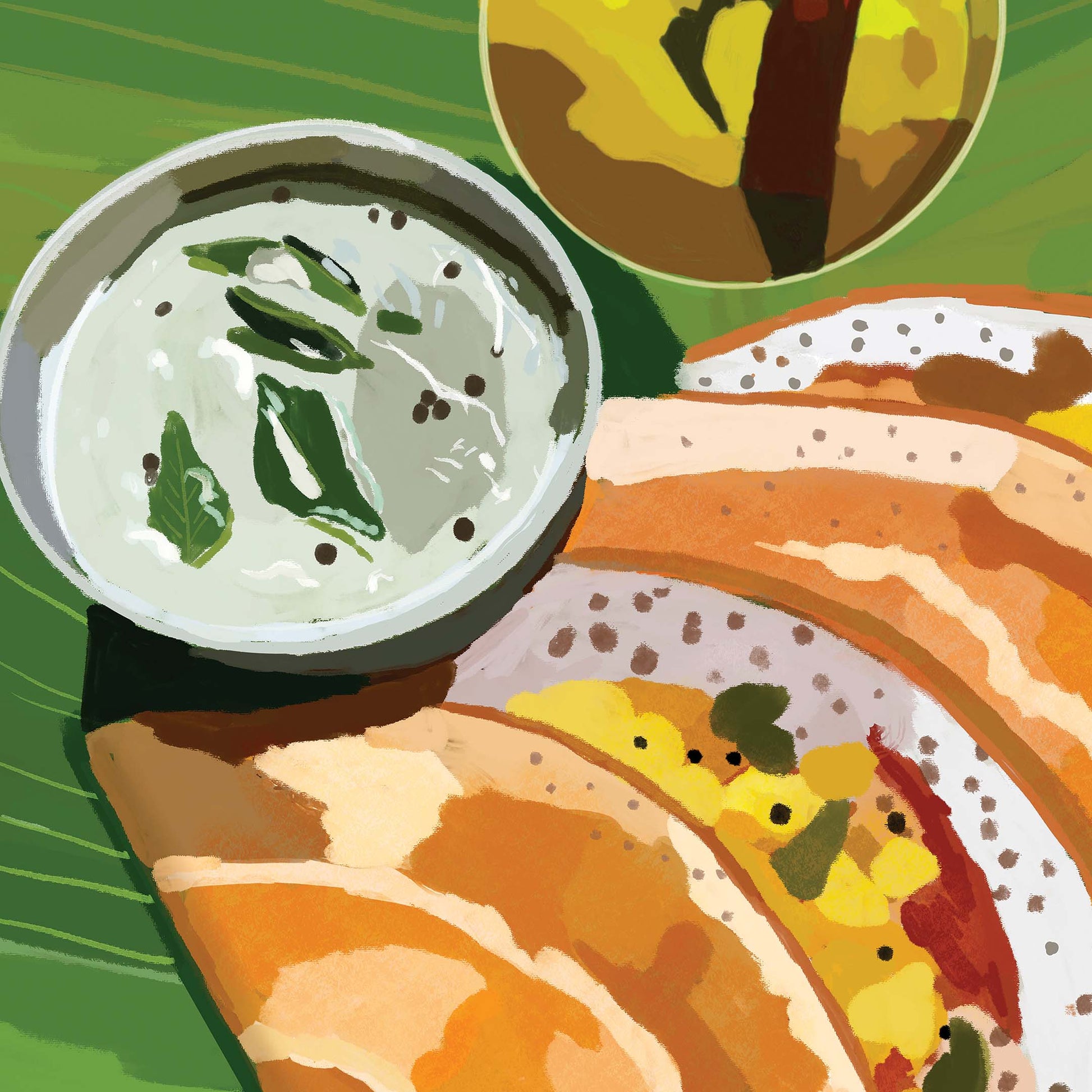 Masala dosa wall art print with chutney and sambar, vibrant Indian food artwork for kitchen decor.