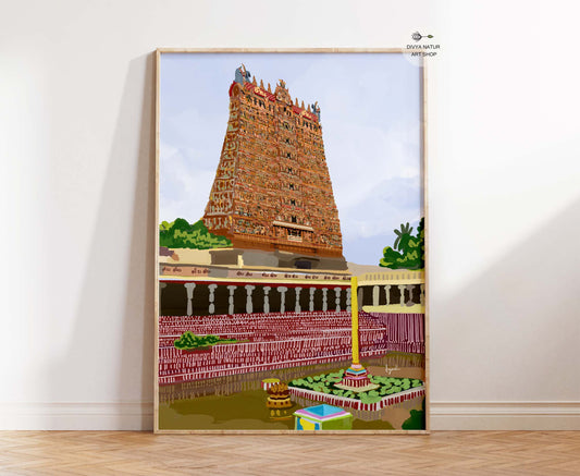 Framed artwork of Madurai Meenakshi temple on a white wall